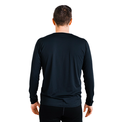 Polarmax black long sleeve top made with thermal microfleece fabric shown from back