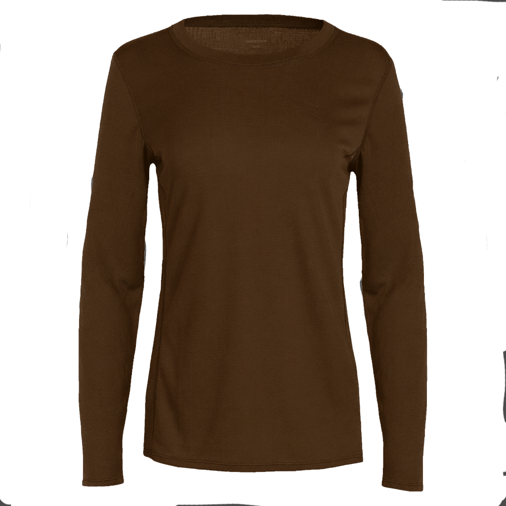 Polarmax women's crew neck thermal long sleeve top in brown color for warmth and comfort