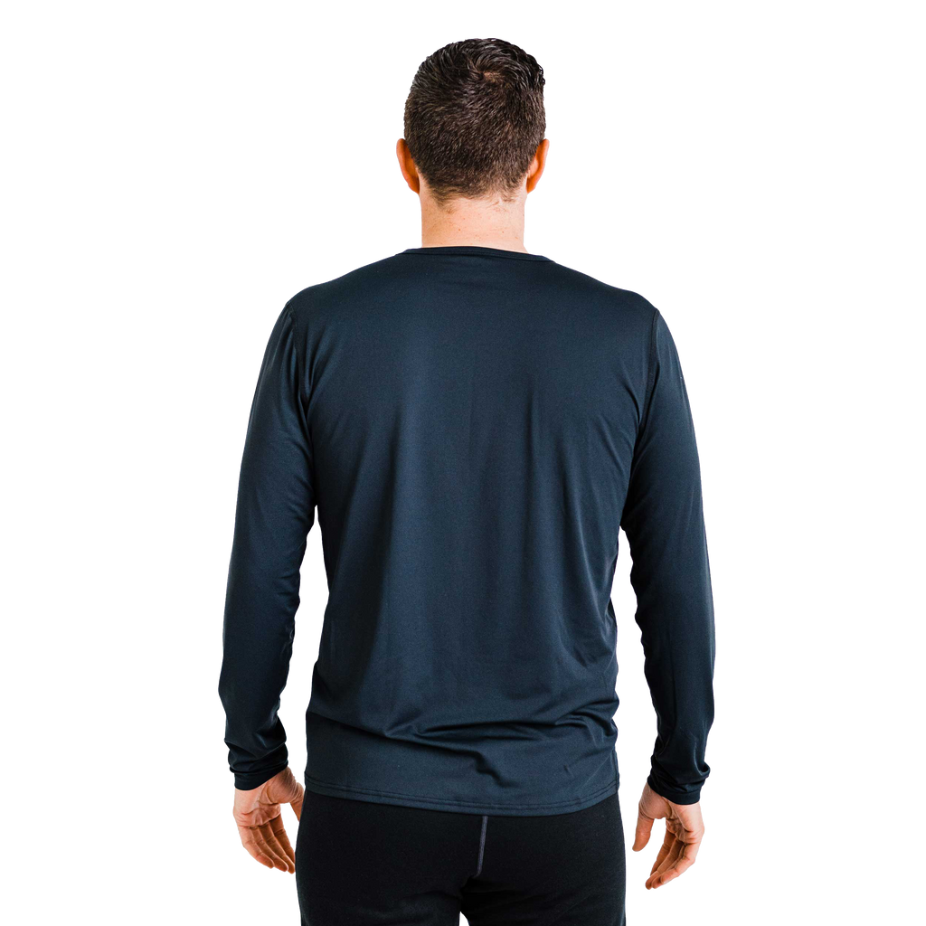 Men's black thermal crewneck shirt men featuring a comfortable single layer design ideal for cold weather base layers