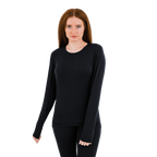 Women's crewneck base layer in black, made from a soft, moisture-wicking fabric for warmth during cold weather activities.