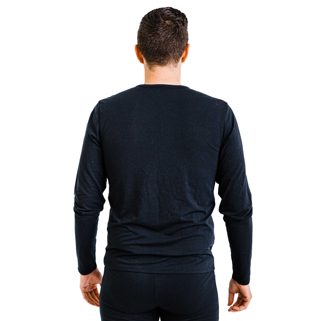 Polarmax men's merino wool base layer top in black shown from the back with long sleeves