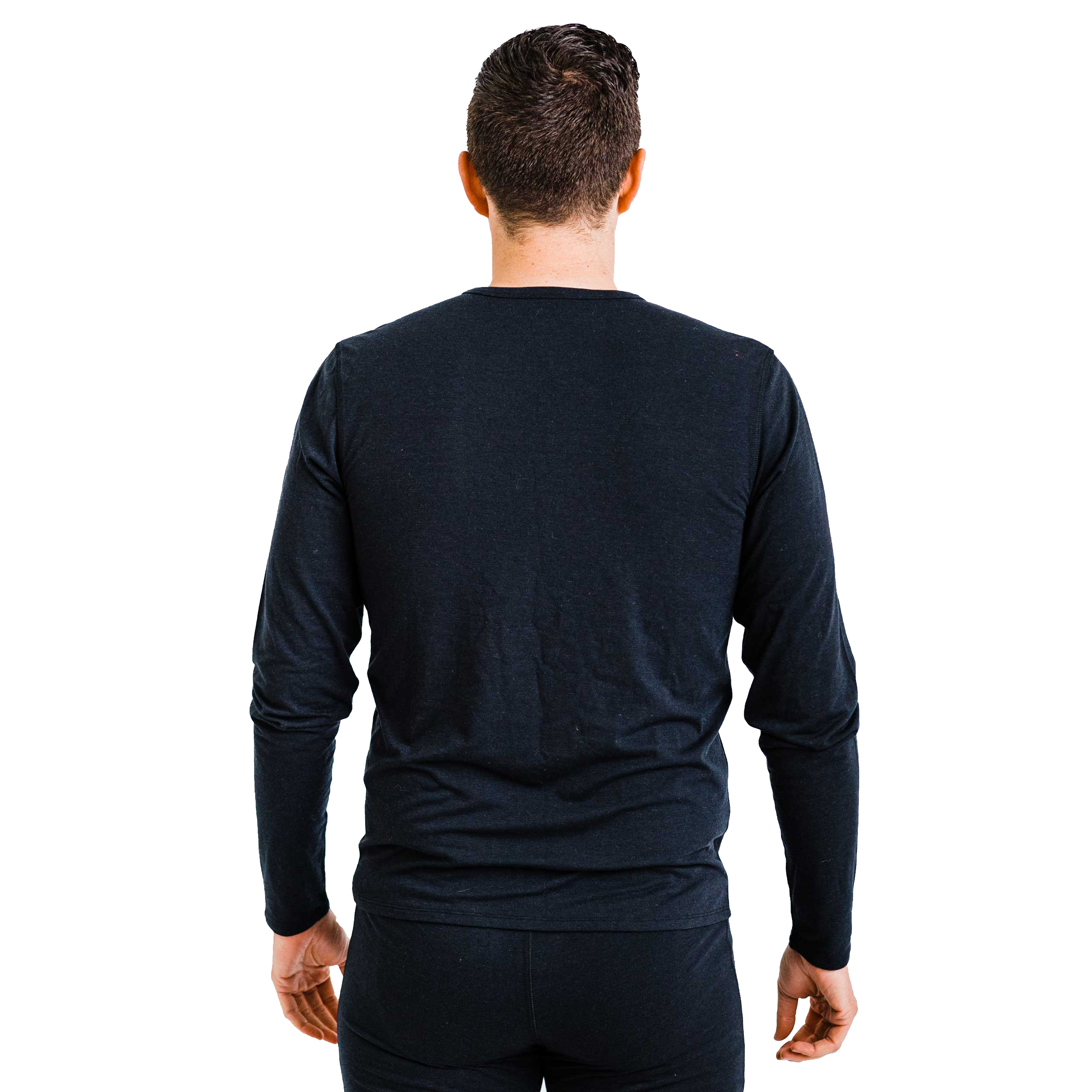 Polarmax men's merino wool base layer top in black shown from the back with long sleeves