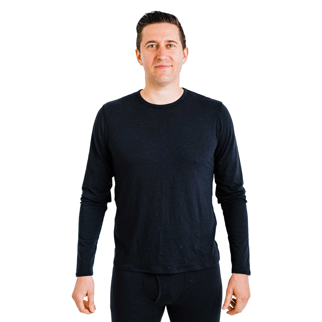 Polarmax men's merino wool base layer long sleeve top in black with crew neck