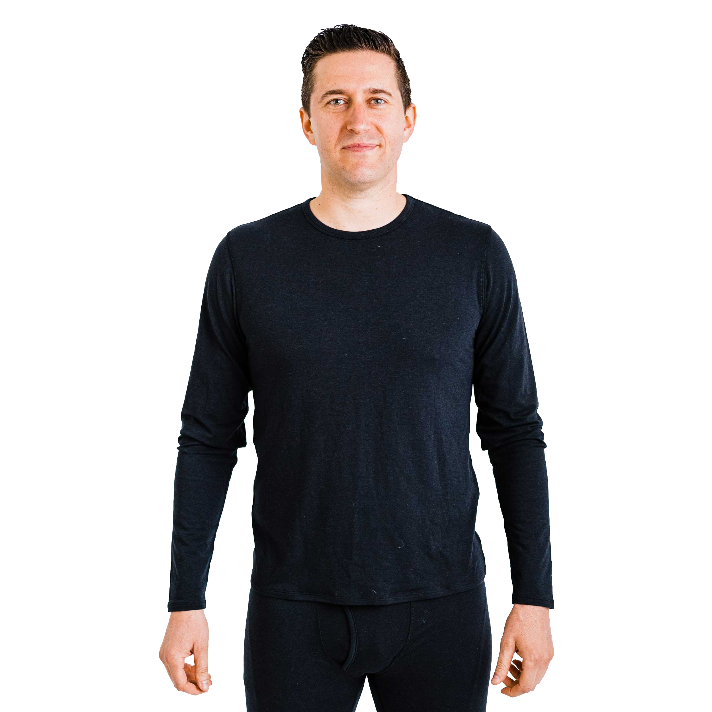 Polarmax men's merino wool base layer long sleeve top in black with crew neck