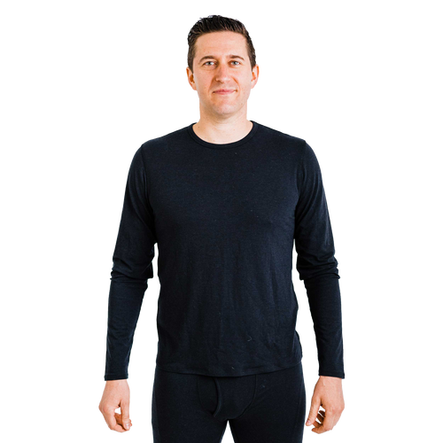 Polarmax men's merino wool base layer long sleeve top in black with crew neck