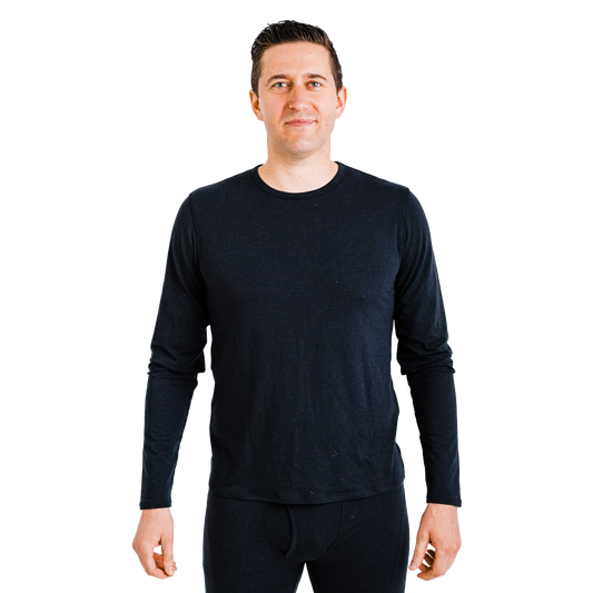Polarmax men's merino wool base layer long sleeve top in black with crew neck