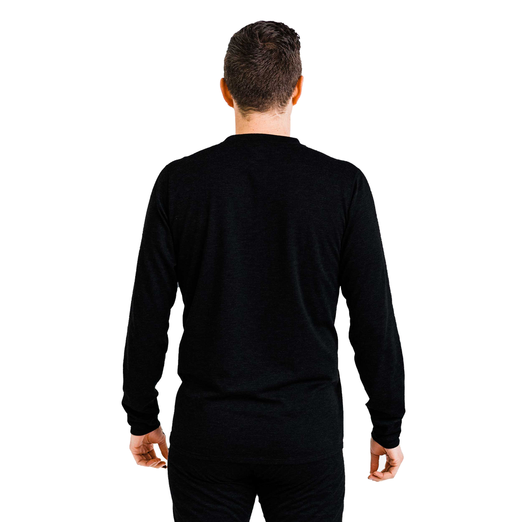 Back view of Polarmax men's thermal base layer shirt in black long sleeve design