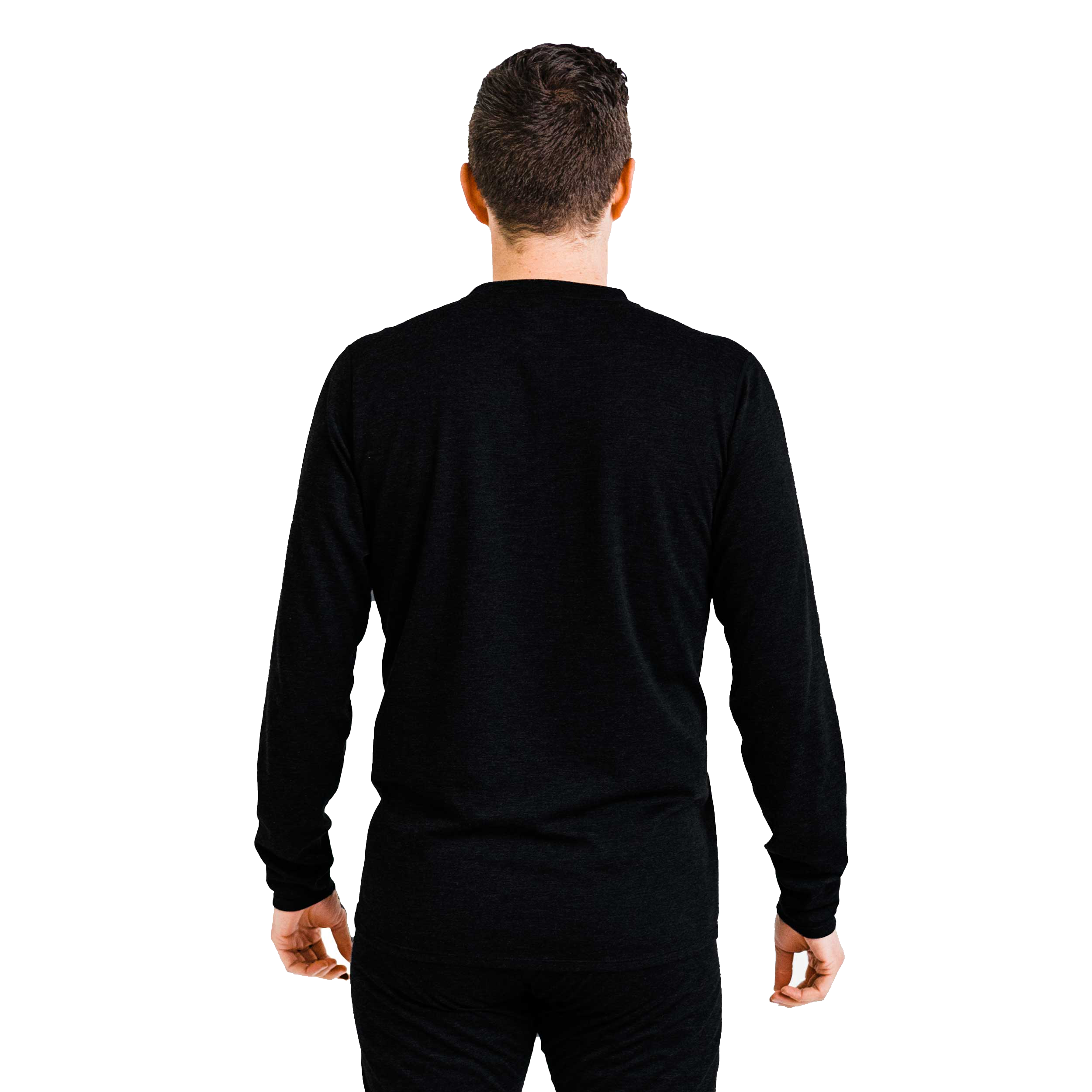 Back view of Polarmax men's thermal base layer shirt in black long sleeve design