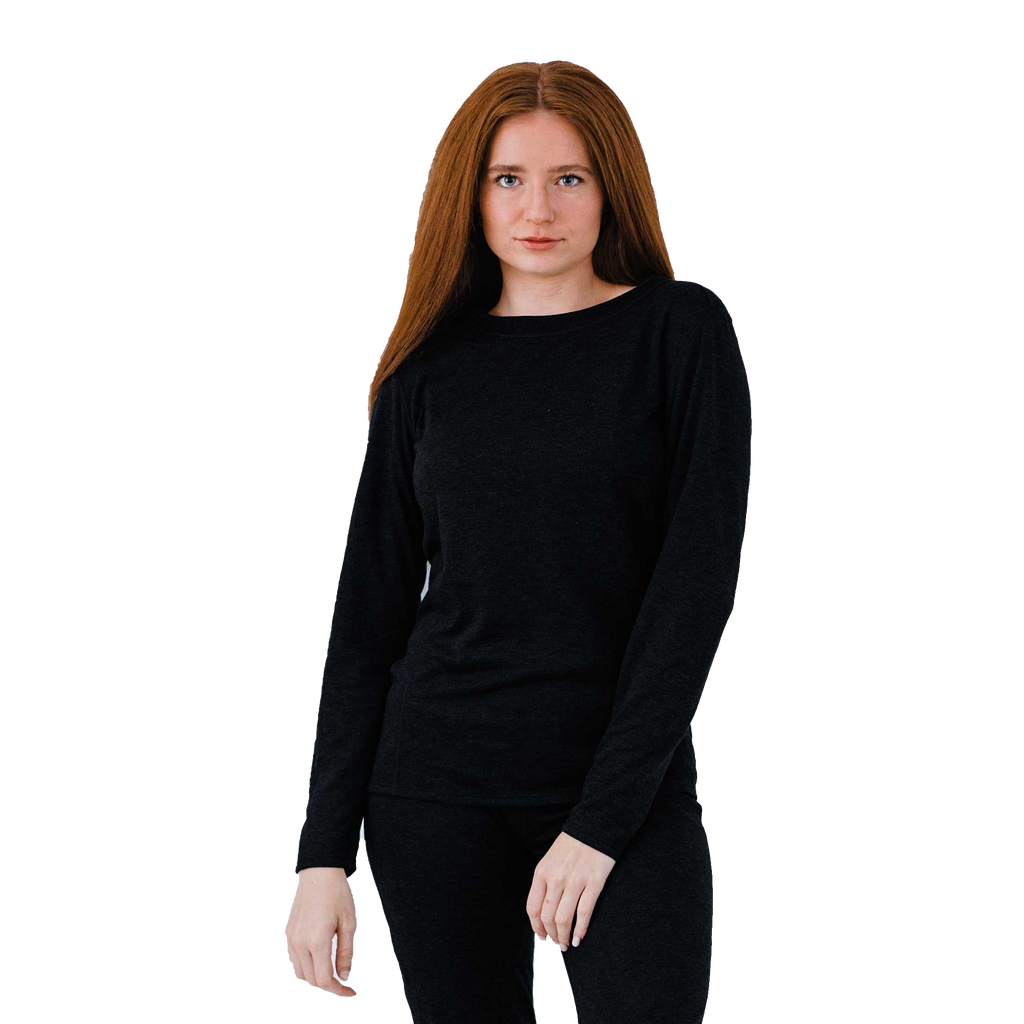 Polarmax women's crew neck thermal long sleeve top in black worn by model