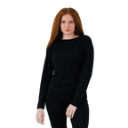 Polarmax women's crew neck thermal long sleeve top in black worn by model