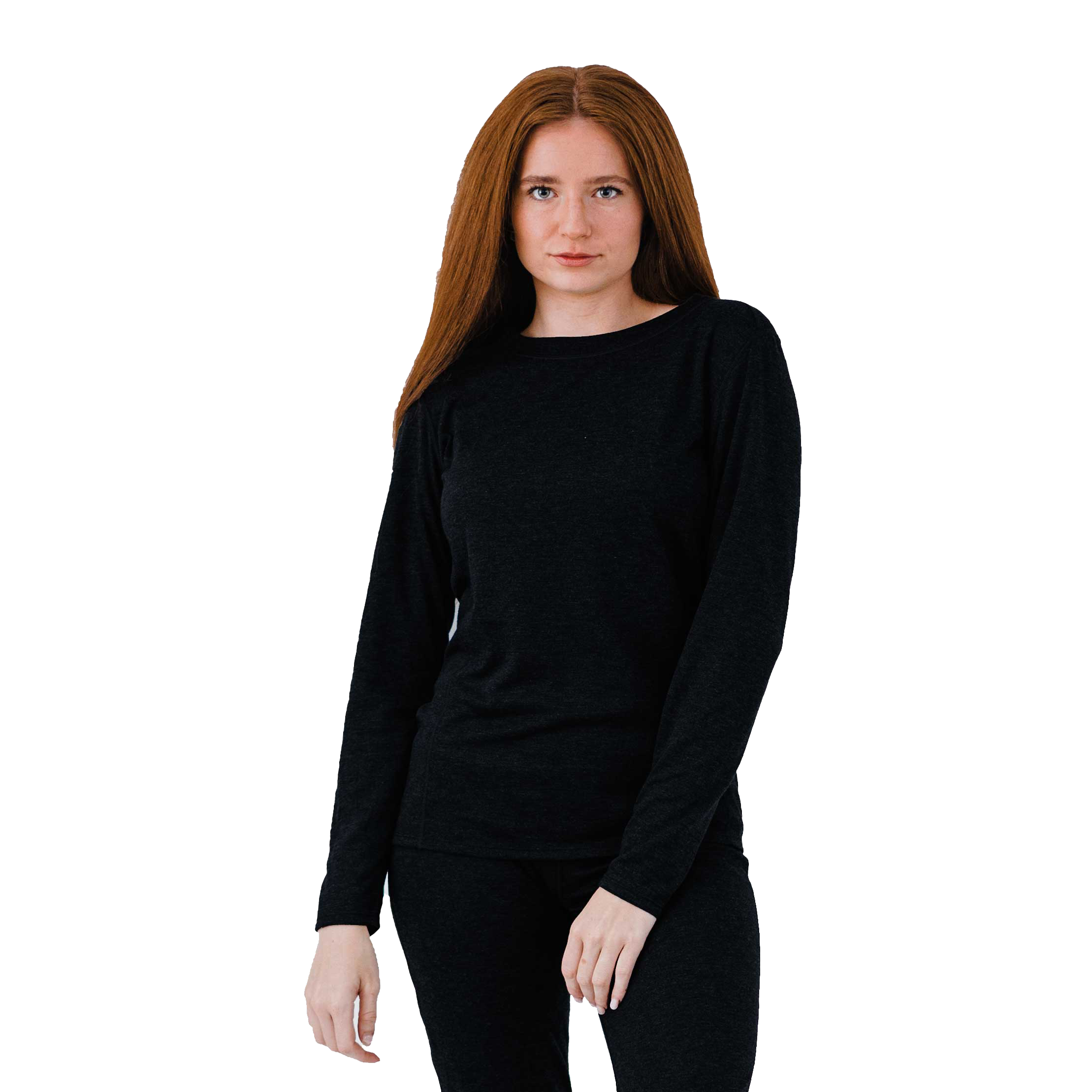 Polarmax women's crew neck thermal long sleeve top in black worn by model